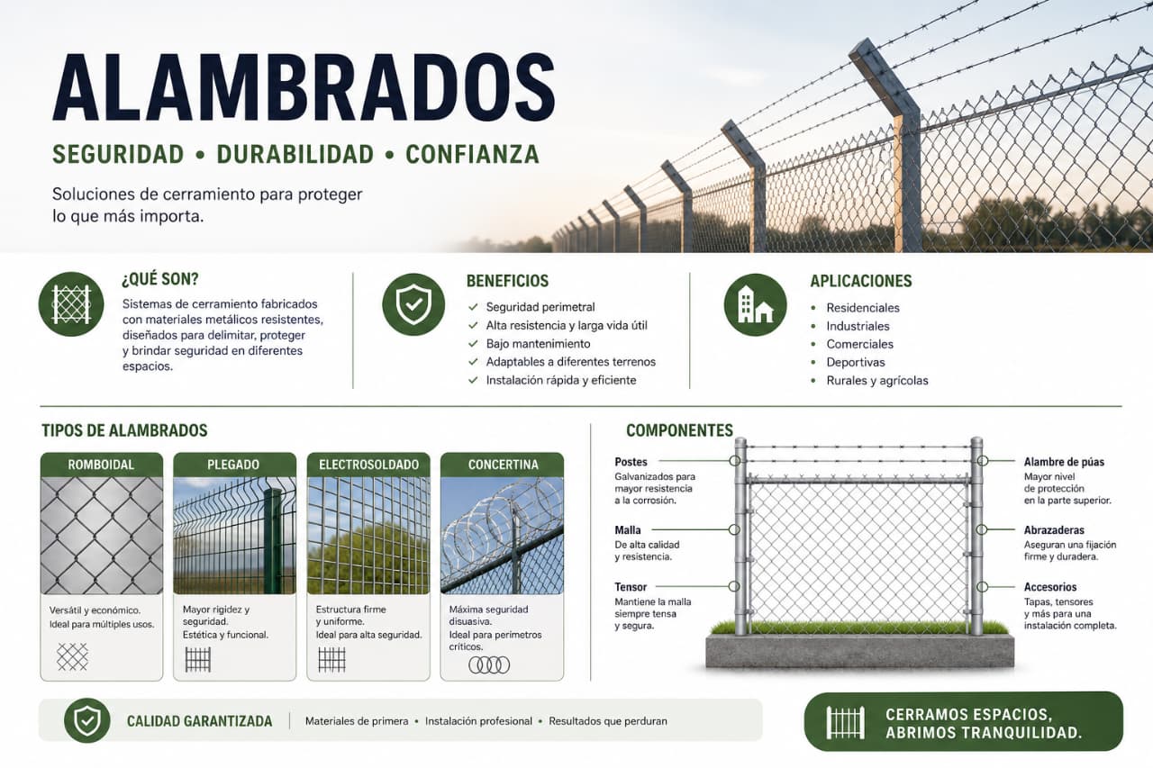 Guía visual de tipos de alambrados, beneficios, aplicaciones y componentes