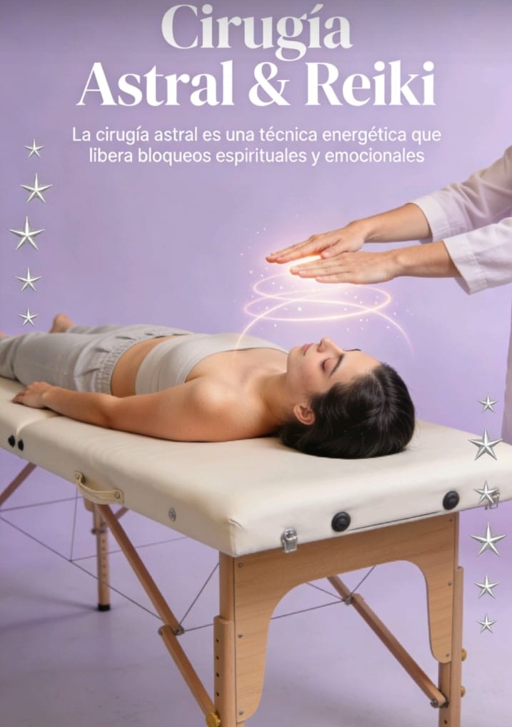 Flyer de Reiki, cirugía astral y gemoterapia